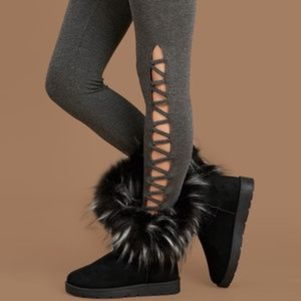 Asymmetrical Faux Fur Pull On Boots in Black - Picture 3 of 9